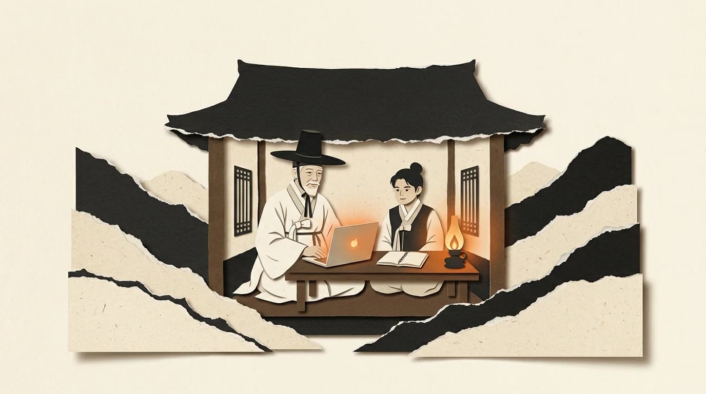 종이 콜라주풍 삽화. 한옥 마루에서 훈장과 아이가 노트북과 공책을 펴 놓고 앉아 있다