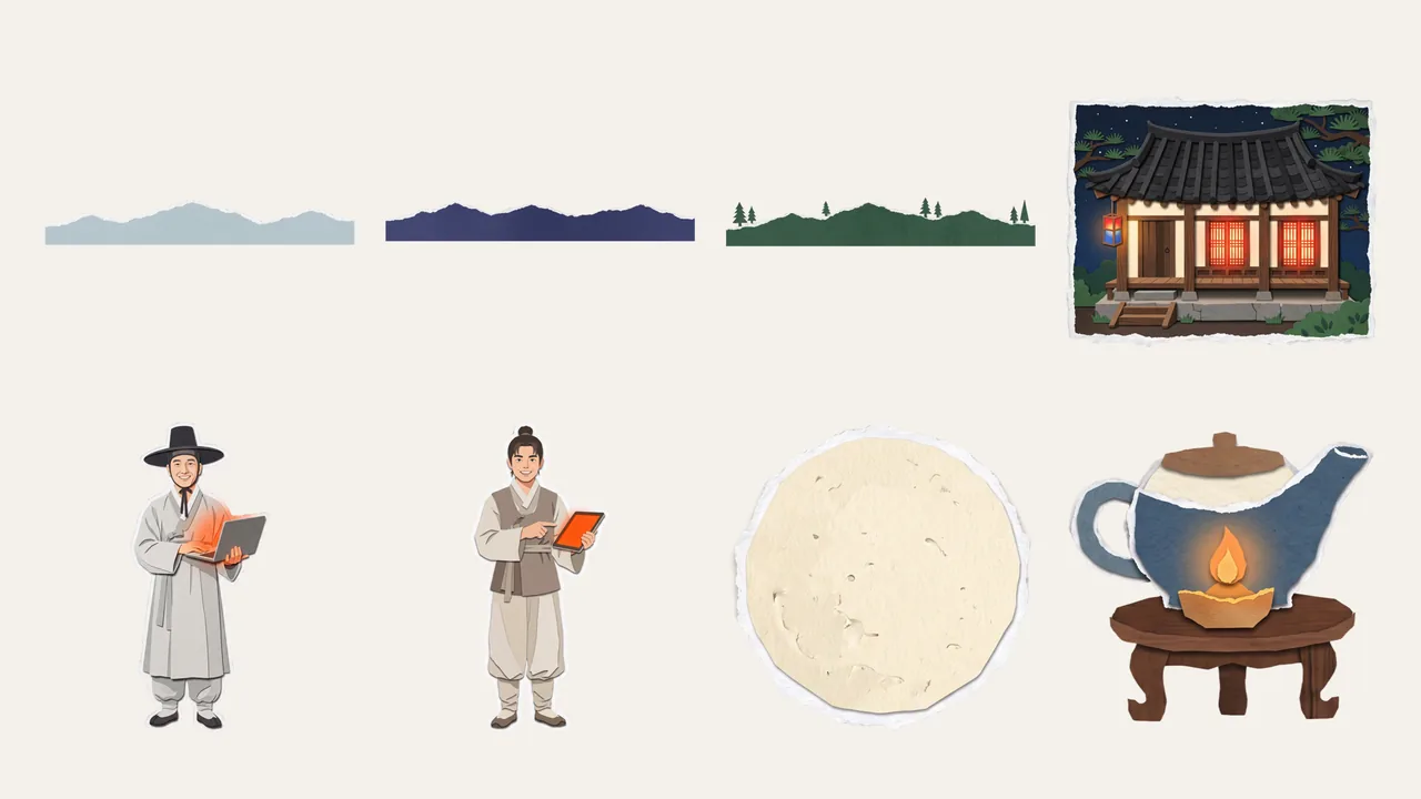 Google Flow로 뽑은 부품 그림 모음. 산 능선, 서당, 인물, 달, 호롱불